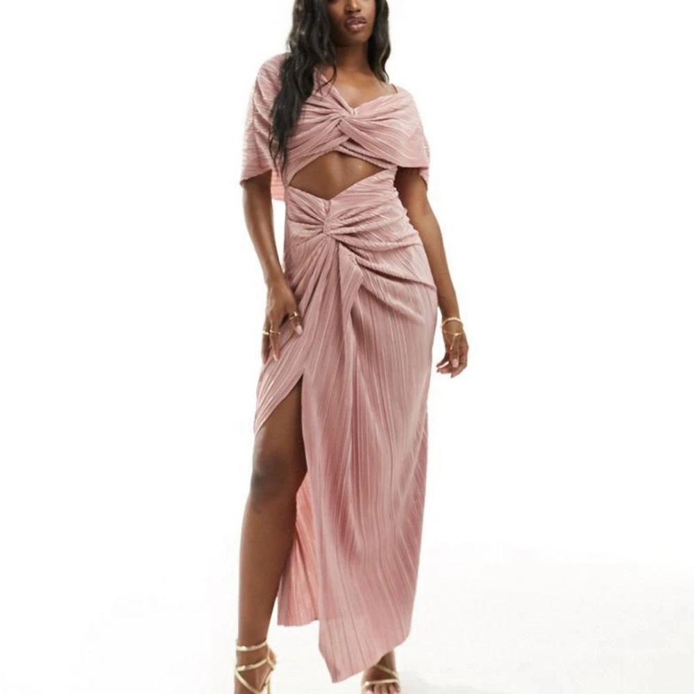 ASOS DESIGN two in one fallen shoulder plisse maxi dress in blush
